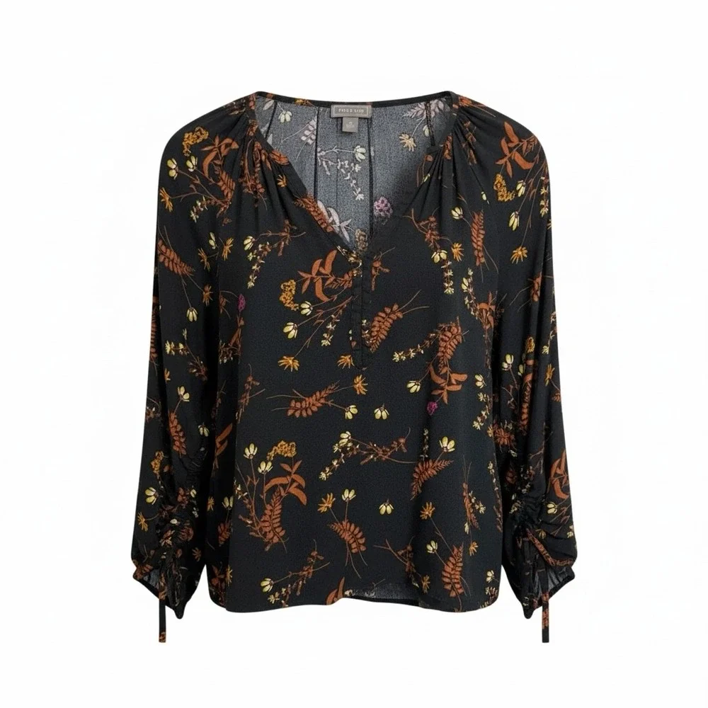 POINT SUR Black Floral Print‎ V Neck Long Sleeve Gathered Cuff Blouse Women's M